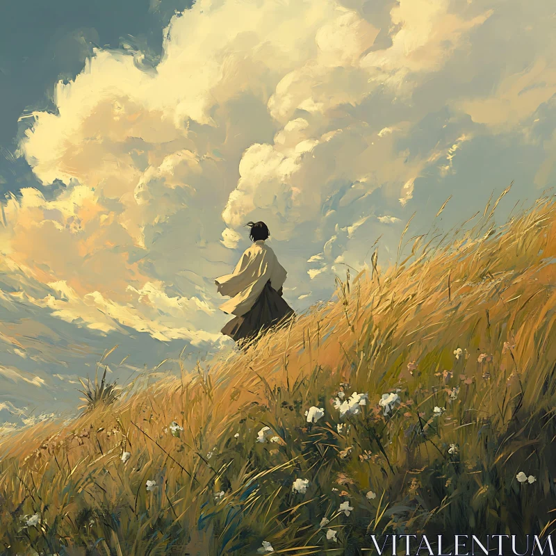 Contemplative Figure in Golden Field AI Image
