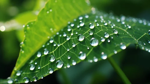 Green Leaf with Dew Drops - A Nature's Wonder