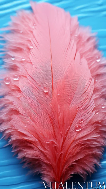 Pink Feather on Waterdrop Blue Background - A Study in Detail and Soft Hues AI Image