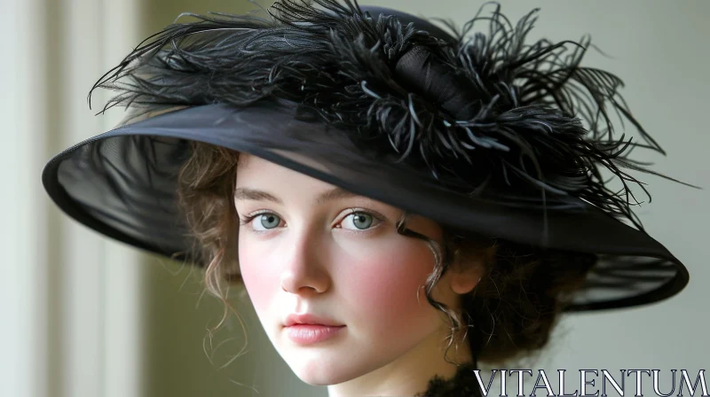 Stylish Woman in a Black Hat with Feather - Portrait Photography AI Image