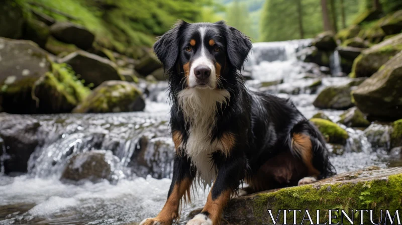 Tranquil Scene of Bernese Mountain Dog on Stream Rocks AI Image