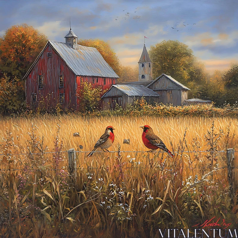 AI ART Birds on Fence with Red Barn