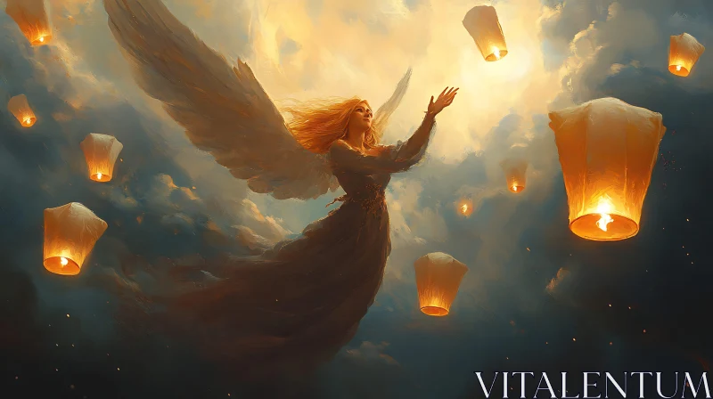 AI ART Celestial Angel with Floating Lanterns