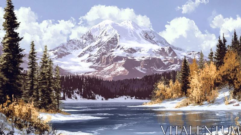 AI ART Snow-Covered Mountain and Tranquil Lake Scene