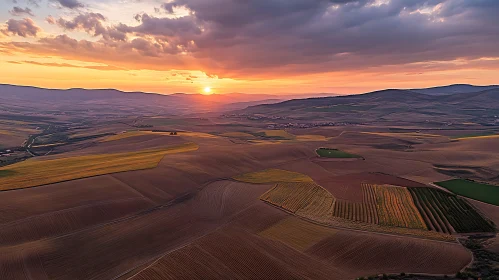 Sunset Over Rolling Fields Landscape
