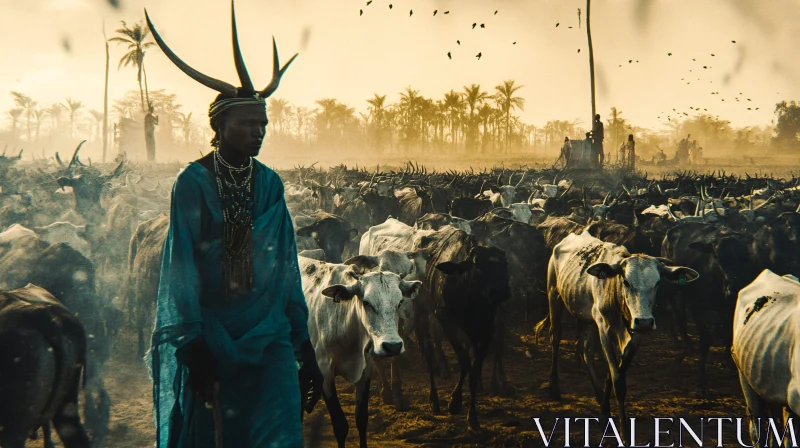 African Cattle Herd with Tribal Man AI Image