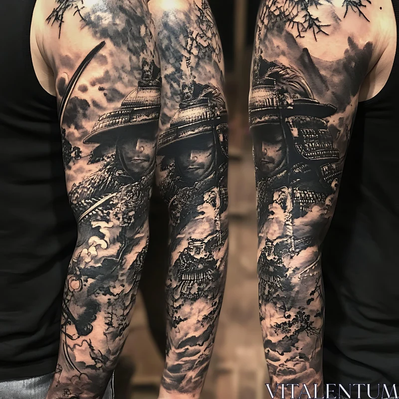 Intricate Samurai Tattoo Sleeves in Black and Gray AI Image