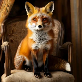 Fox Sitting Posing on Antique Chair