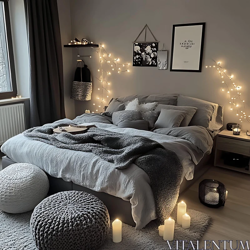 AI ART Cozy Bedroom with Soft Lighting and Textiles