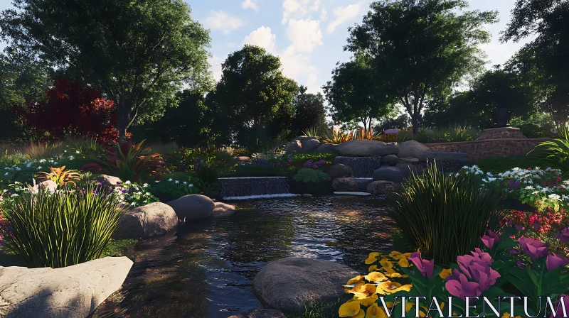 Peaceful Waterscape Garden With Flowers AI Image