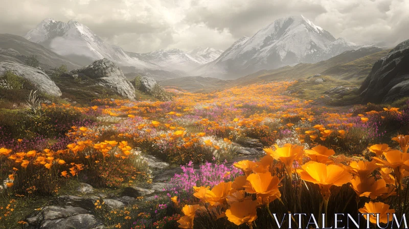 Flowerful Meadow with Majestic Mountain Scenery AI Image