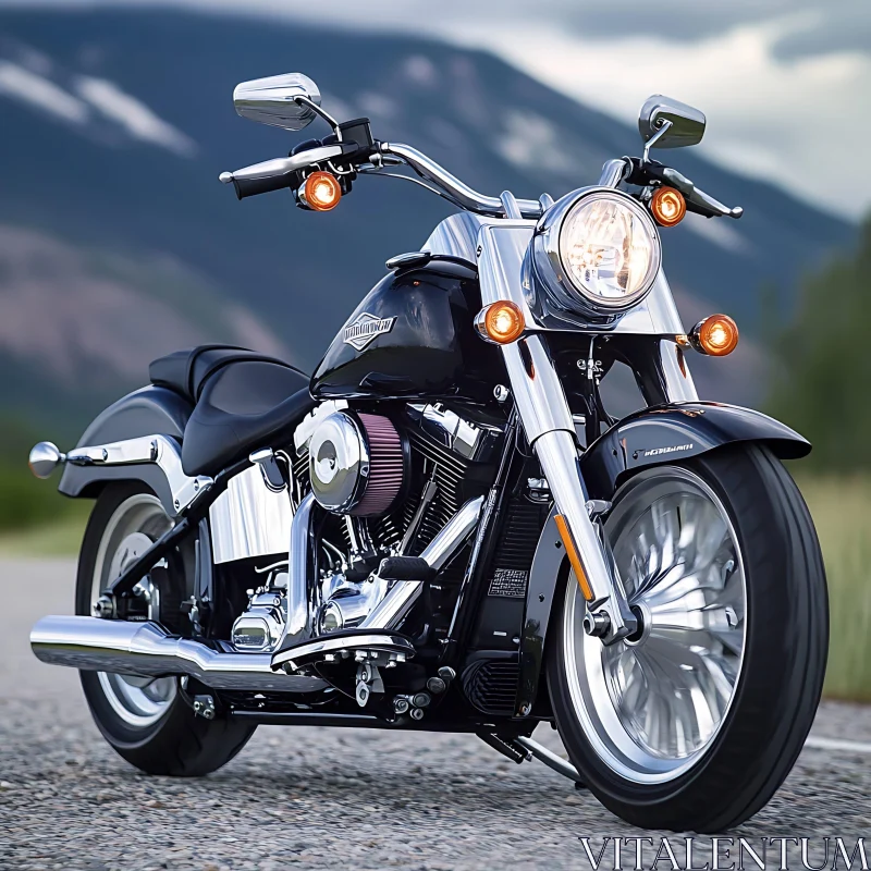 Chrome Motorcycle, Mountain Backdrop AI Image