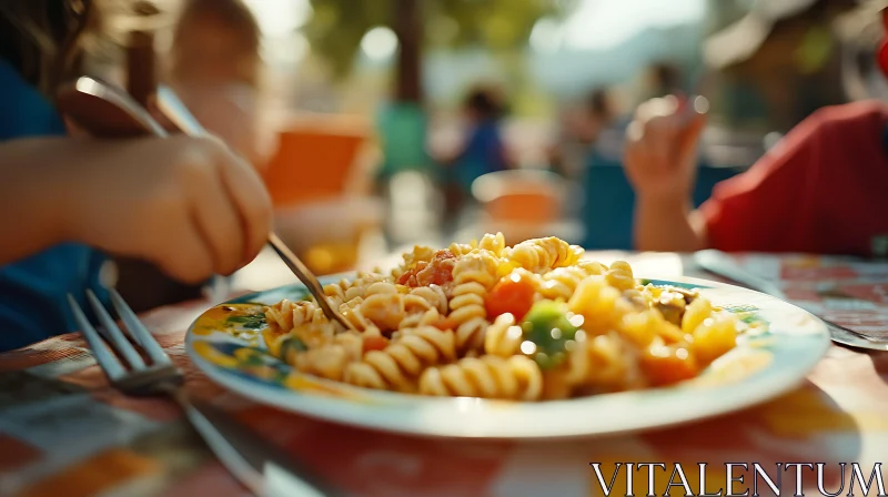 Vibrant Pasta Plate in Sunlit Setting AI Image