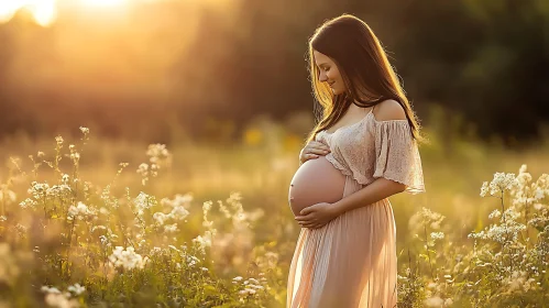 Pregnant Woman in Field at Sunset