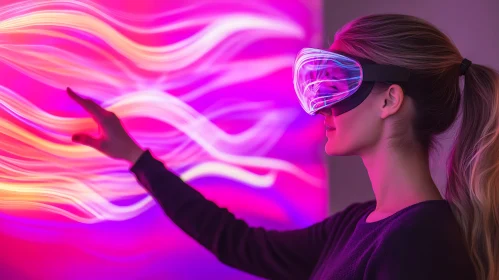 Woman in VR Headset with Neon Lights