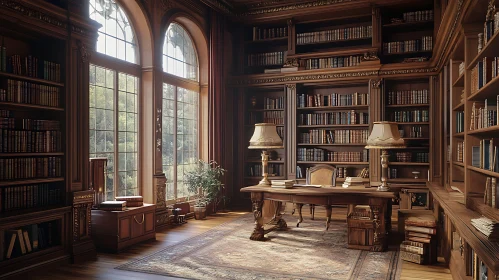 Classic Wooden Library with Desk and Books