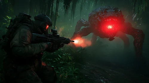 Sci-Fi Soldier Confronts Jungle Monster