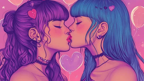 Colorful Kissing Girls Illustration