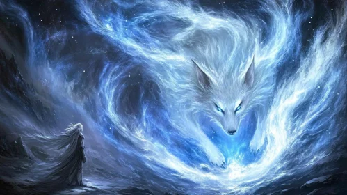 Ethereal Wolf and Woman in Blue Light