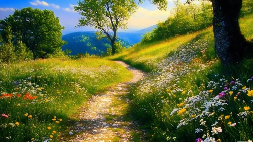 Sunlit Path Through a Flower Meadow