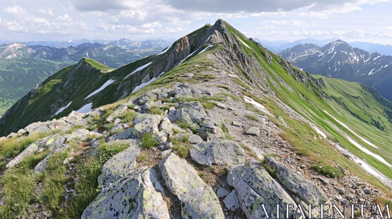 Majestic Mountain Peak with Rugged Terrain and Distant Snow-Capped Mountains AI Image