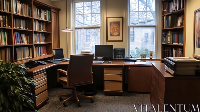 Classic Office Space with Books and Desk AI Image