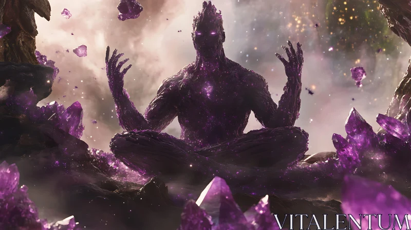 Mystic Meditator Among Floating Crystals AI Image