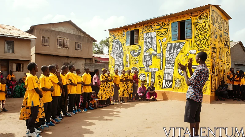 Village Gathering in Front of Colorful Mural AI Image