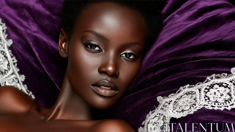 Captivating Portrait of a Young African-American Woman on Purple Velvet Pillow AI Image