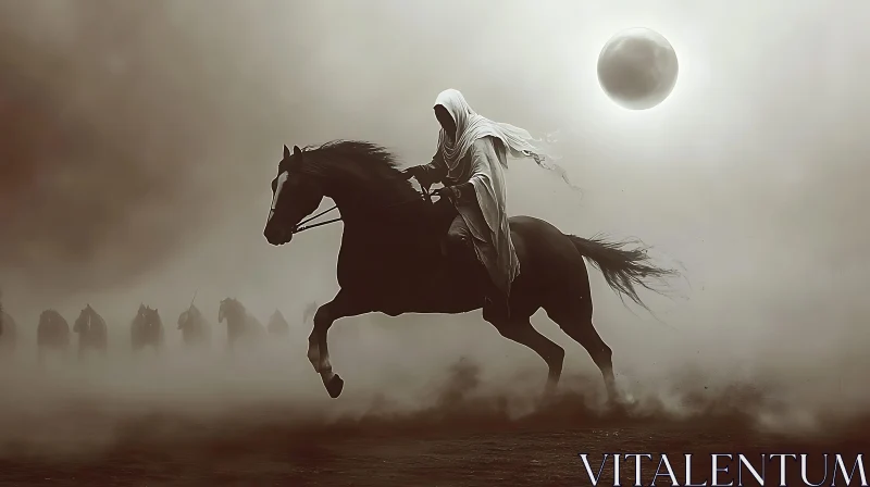 Mystic Horse Rider in Misty Landscape AI Image