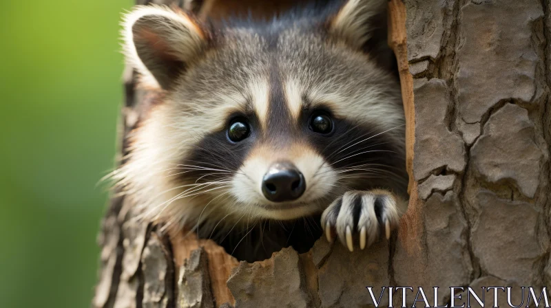 Curious Raccoon Peeking from Tree Hollow - Nature Portrait AI Image