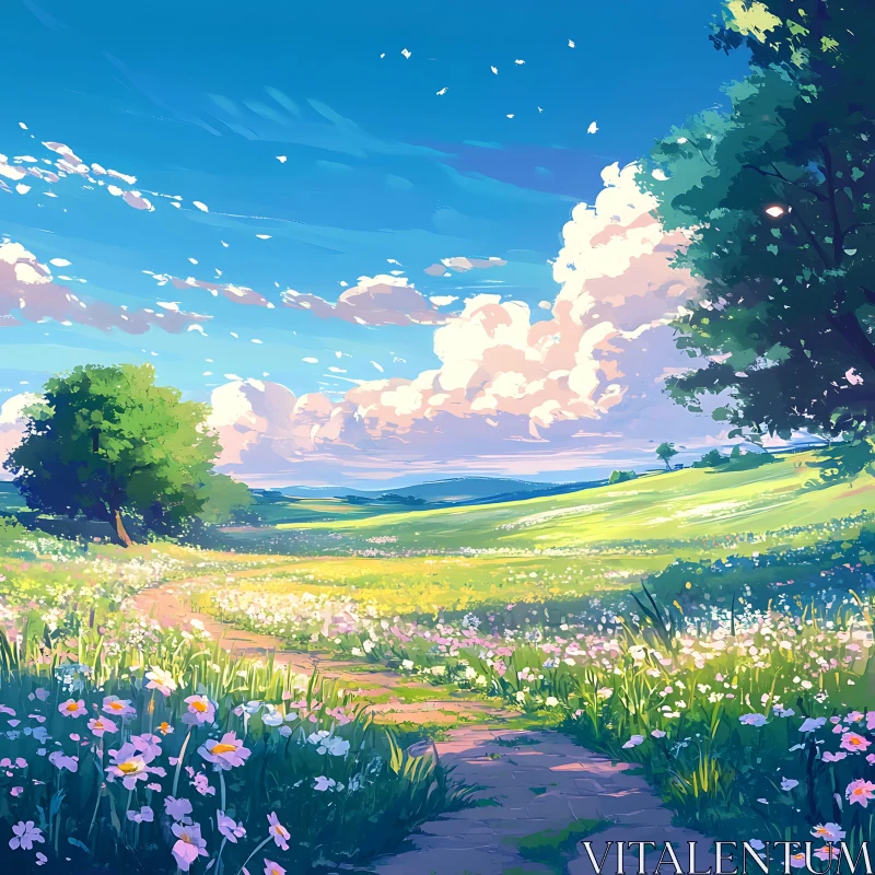 AI ART Tranquil Flower Field Pathway Scene