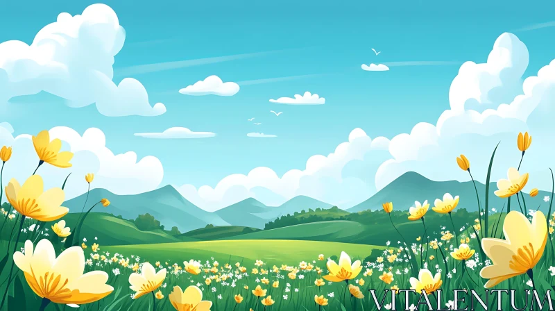 AI ART Scenic Flower Field with Distant Mountains