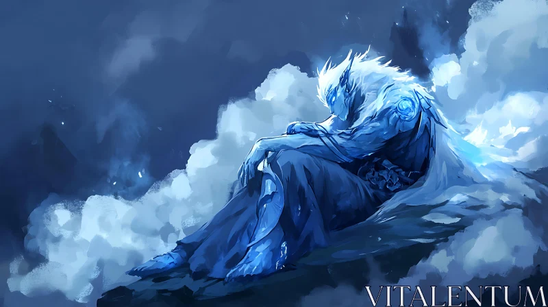 AI ART Mystical Blue Figure Amidst Clouds