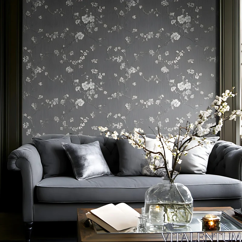 AI ART Gray Sofa and Floral Wallpaper Interior