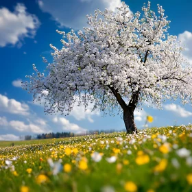 Spring Meadow with Flowering Tree