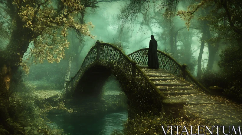 AI ART Cloaked Figure on Misty Forest Bridge