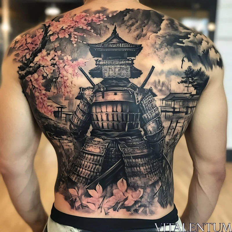 Japanese Samurai Back Tattoo with Cherry Blossoms AI Image