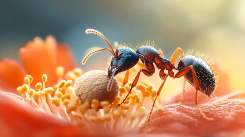 Detailed View of an Ant on a Flower with Pollen