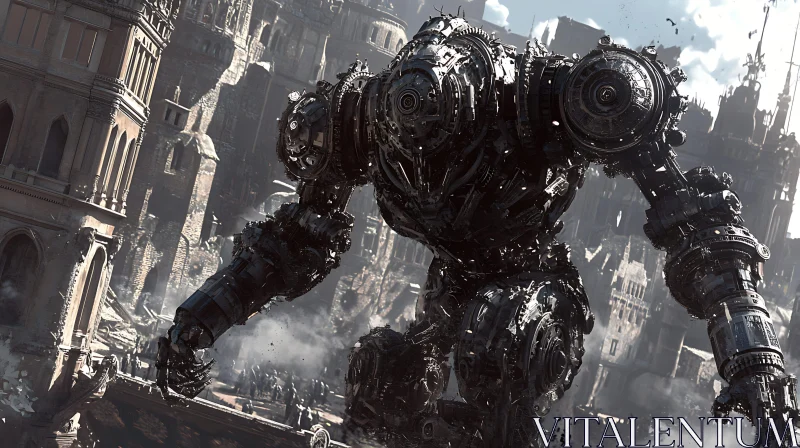 Mechanical Giant Overlooking the City AI Image