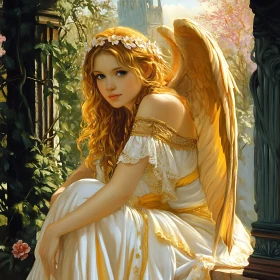 Golden Winged Angel in White Dress