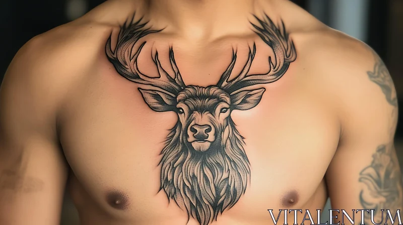 Detailed Antlered Stag Chest Tattoo AI Image