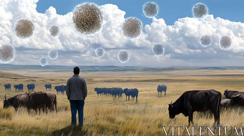 Surreal Field with Cows and Spheres AI Image