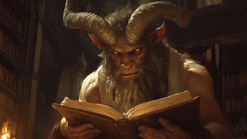 Horned creature absorbed in a book