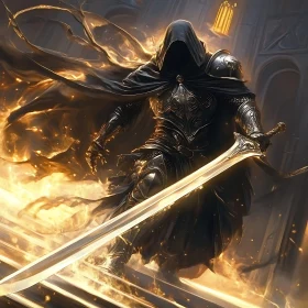 Hooded Warrior in Flames with Sword