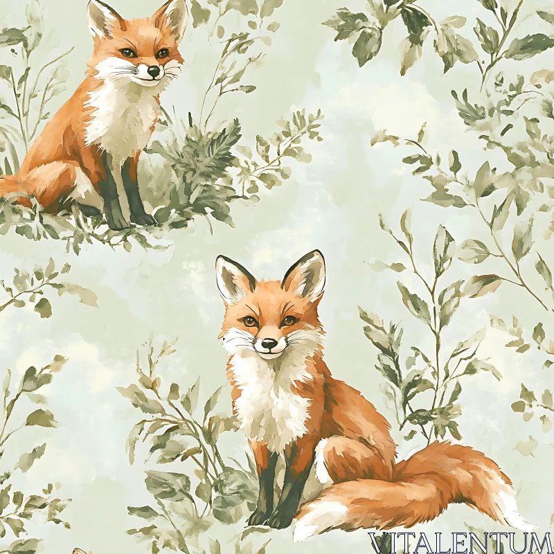 Watercolor Fox Among Green Leaves Pattern AI Image