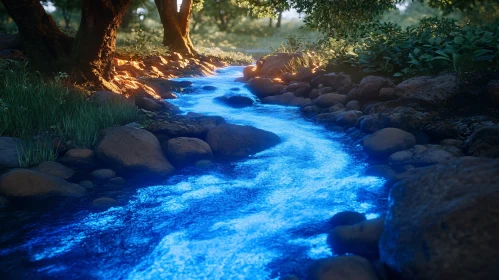 Glowing Blue Stream Through a Forest