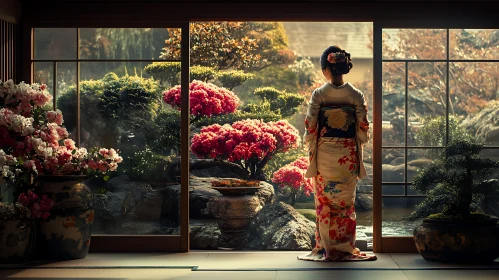 Serene Gaze: Woman and Japanese Garden