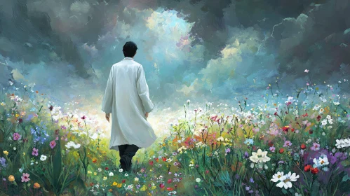 Person Walking in Flower Field Painting