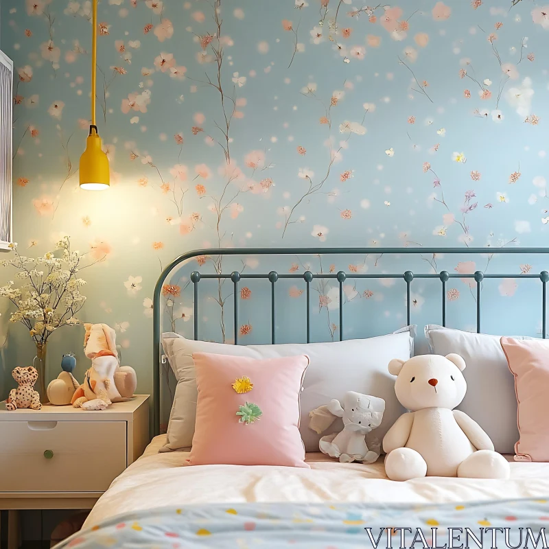 AI ART Charming Bedroom Interior with Floral Wallpaper